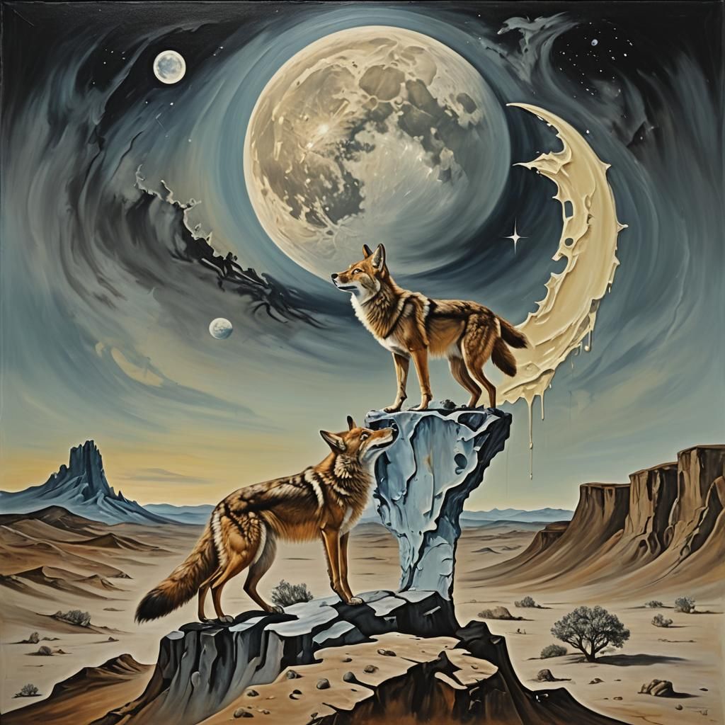 Coyote Howls at Moon in Surrealist Melting Art