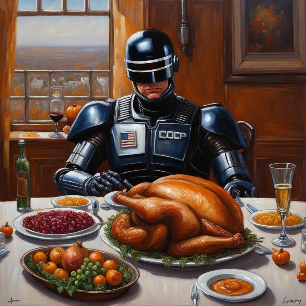 Robocop Celebrates Thanksgiving: An Oil Painting
