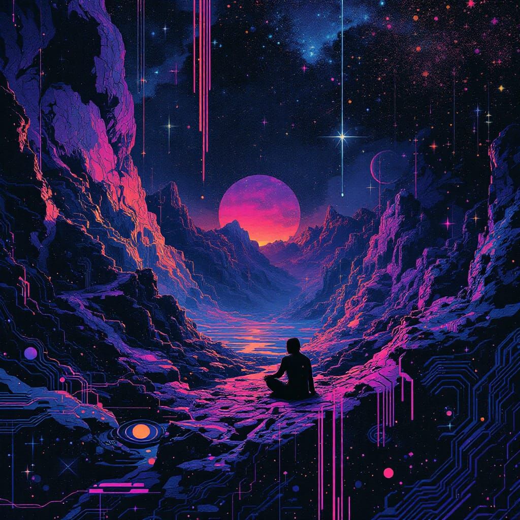 Abstract Indigo Glitch Constellation in Maximalist Style