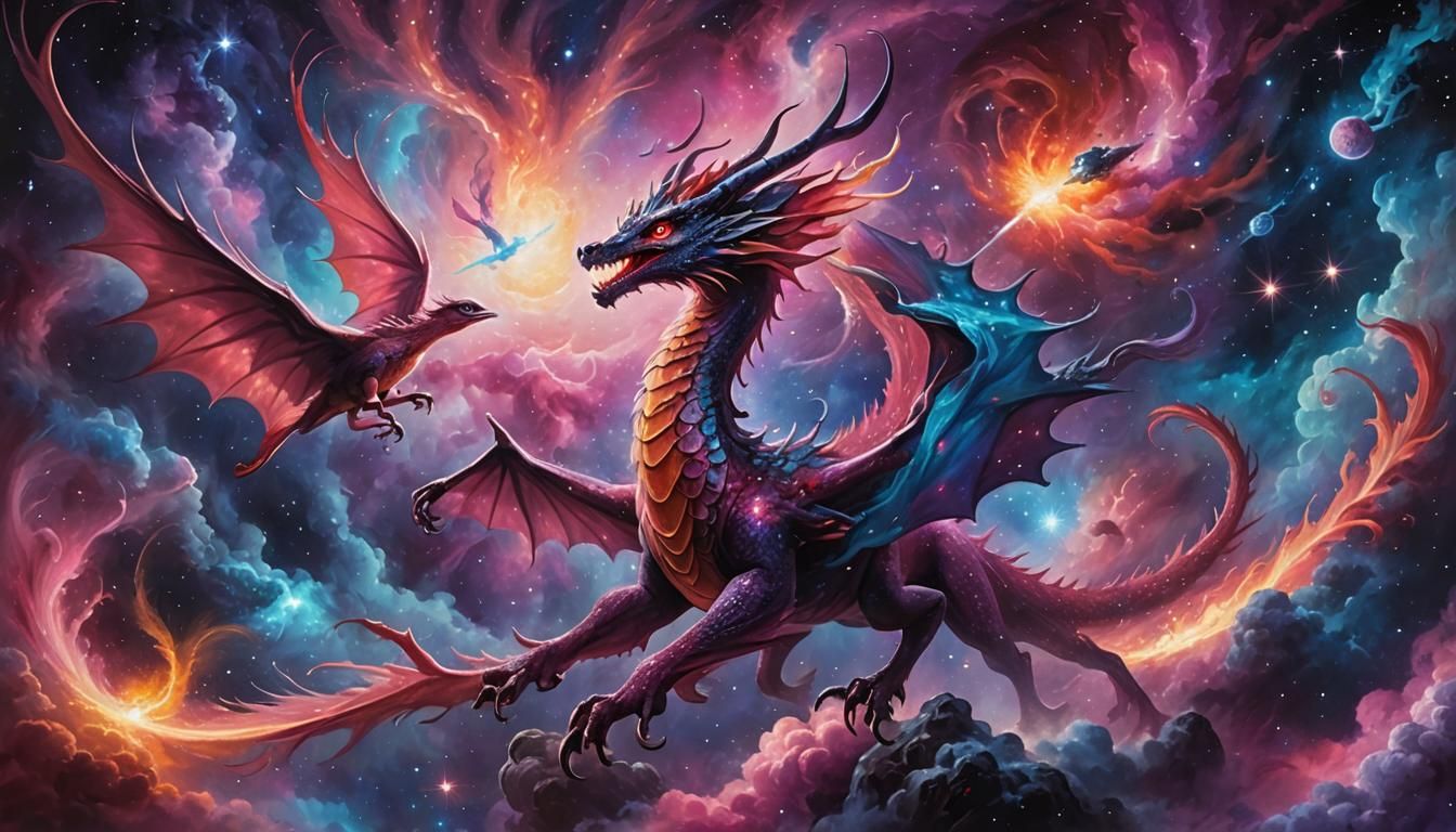 Fantastical Fauna Soars Through Nebula: An Oil Painting