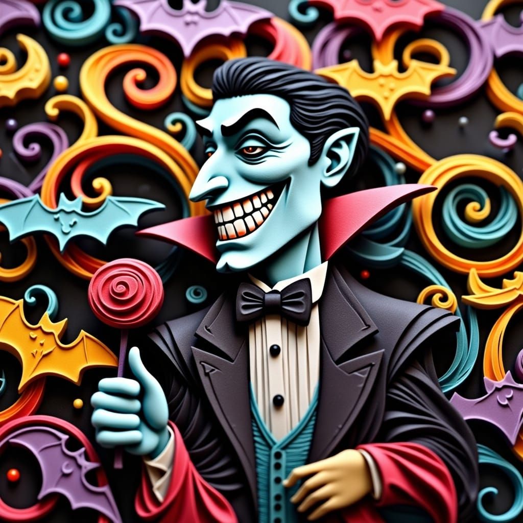 Grinning Vampire with Candy Apple in Swirling Style
