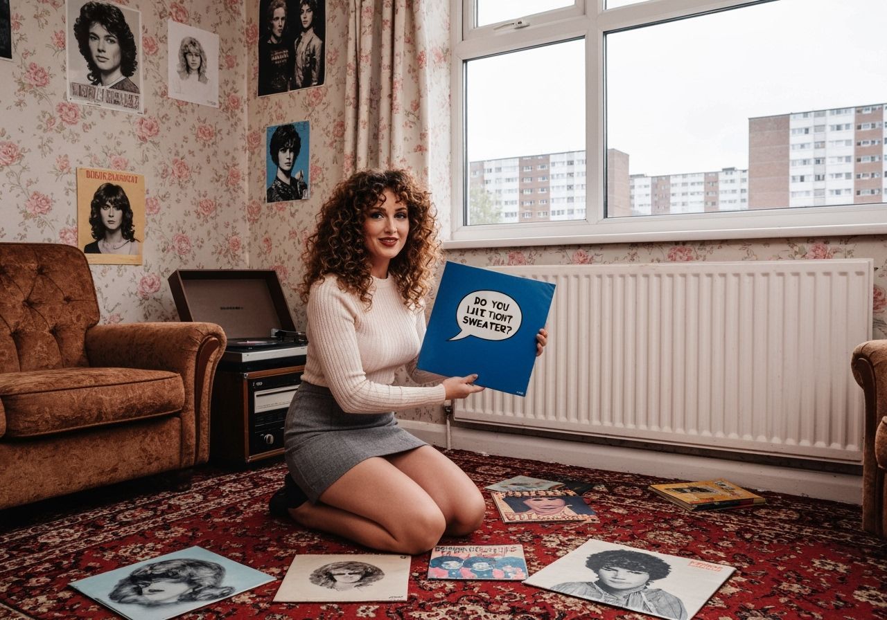 Woman Kneels by Record Player in Floral Room