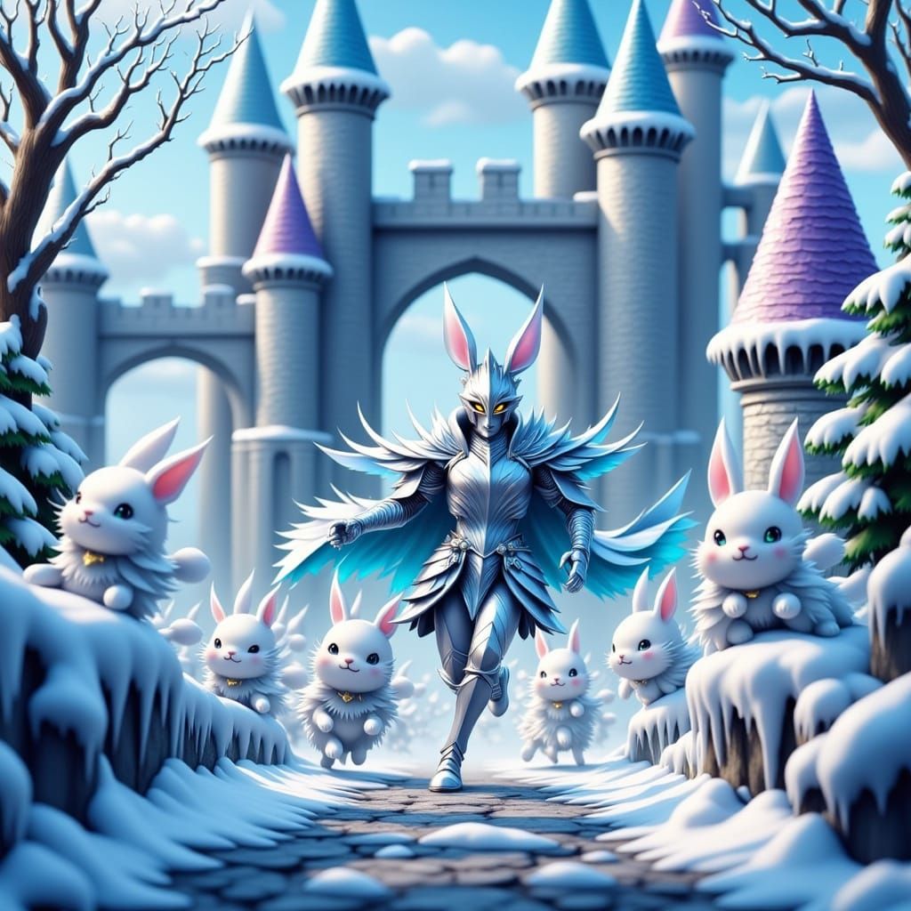 <lora:Crazy 2:1.0> in the frozen winter kingdom swarms of ice bunnies chase a winter knight across the castle's drawbrid...