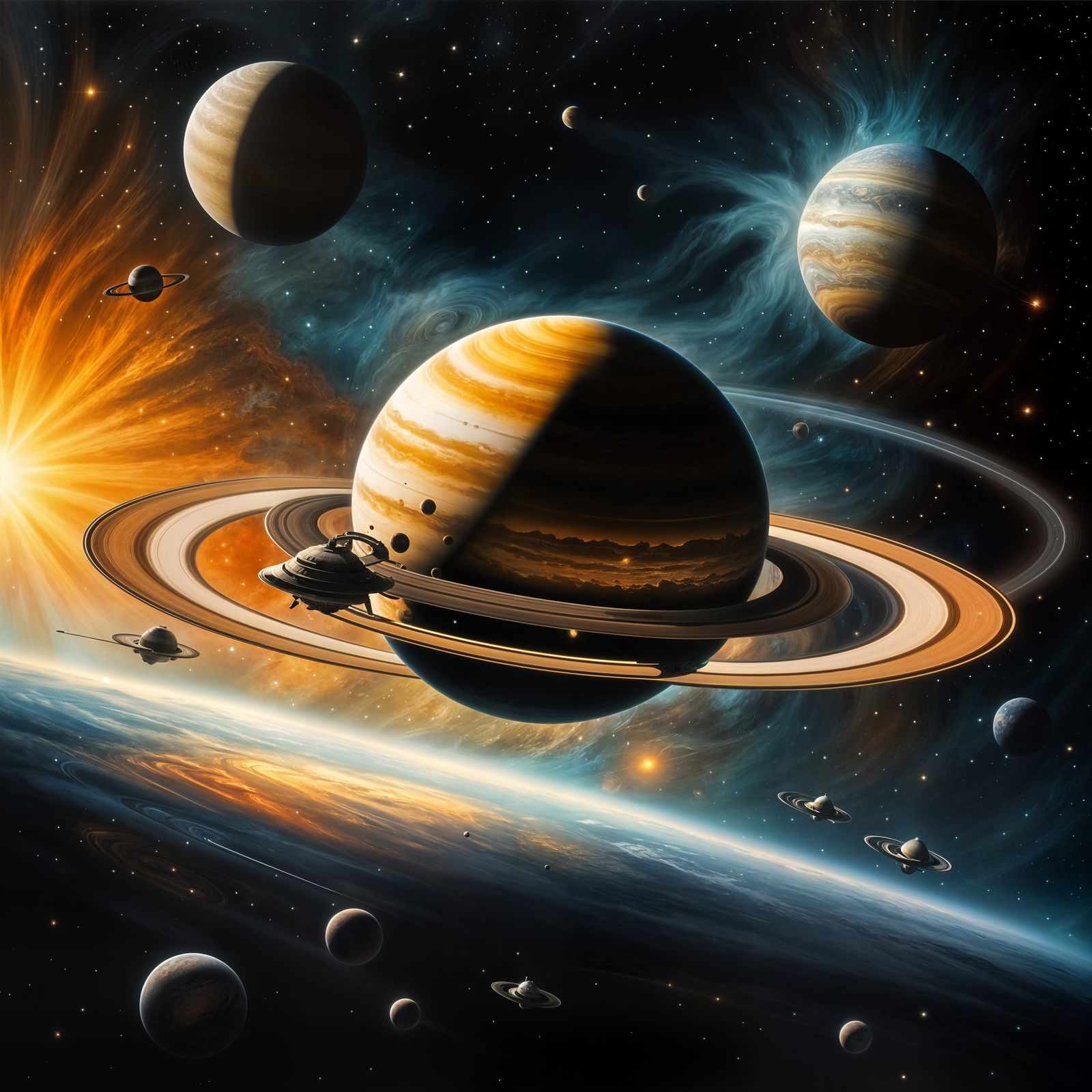 Spaceship Orbiting Saturn in Fantasy Art Style
