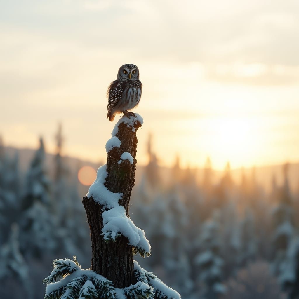 Baby Owl Overlooks Winter Forest at Sunrise