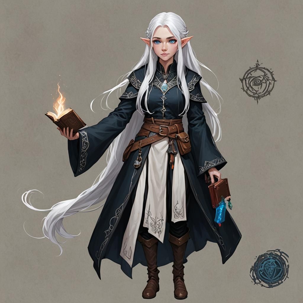 Elf girl wizard dnd, really long white hair, order of scribe...