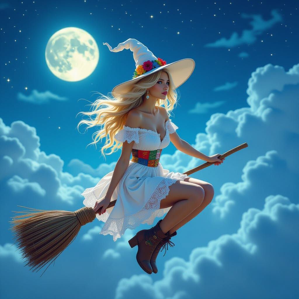 Whimsical Boho Witch Rides Broomstick Under Moonlit Sky