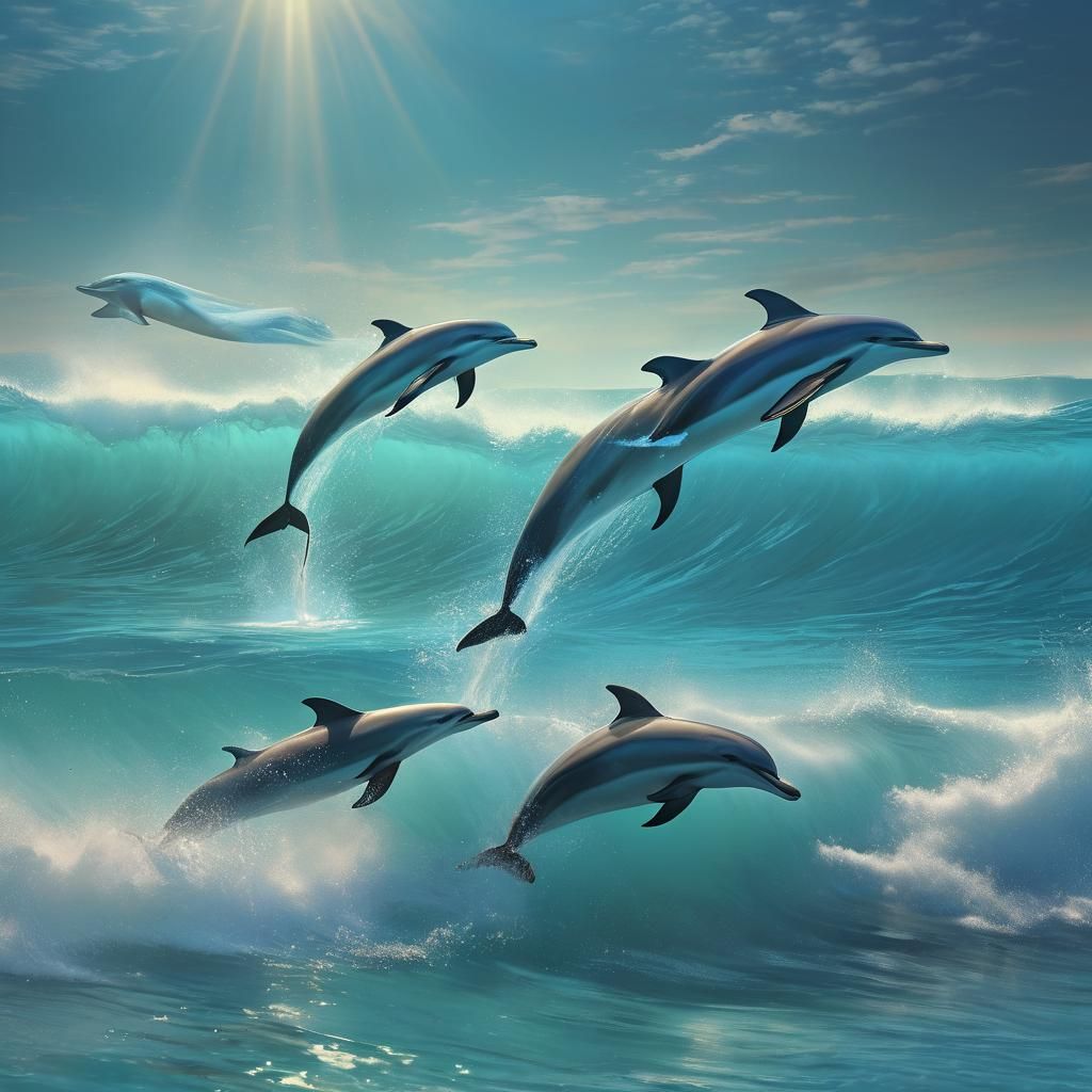 Dolphins Leaping in Azure Sea, Digital Matte Painting