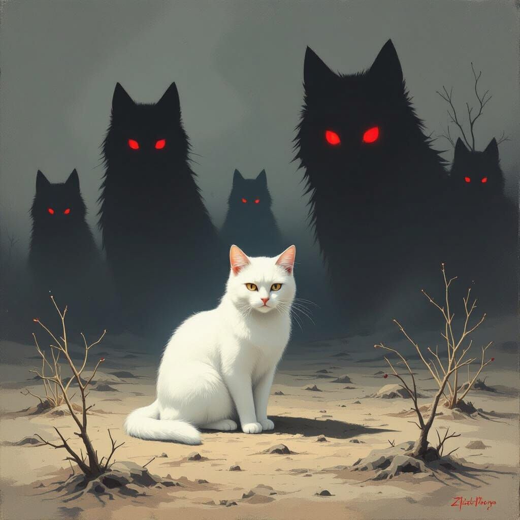 White Cat in Shadowy Dog Landscape