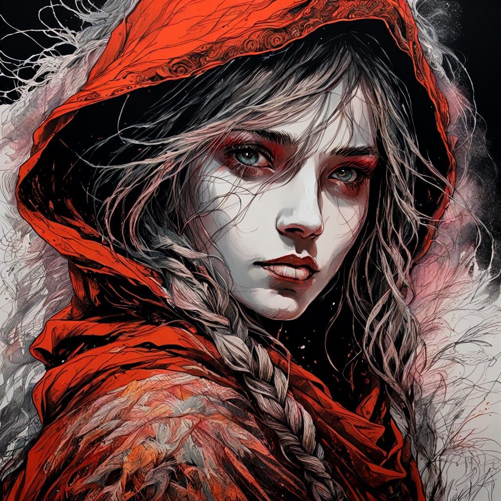 Fairy-Tale Maiden in Red Cloak: Scratch Art Portrait