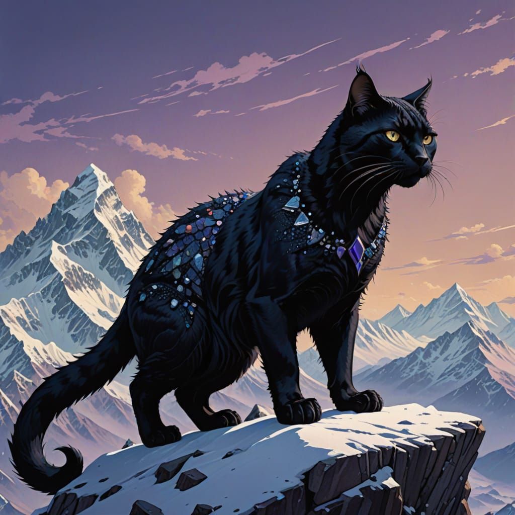 Scaled Black Cat Surveys Snowy Himalayas in Dark Fantasy Sty...