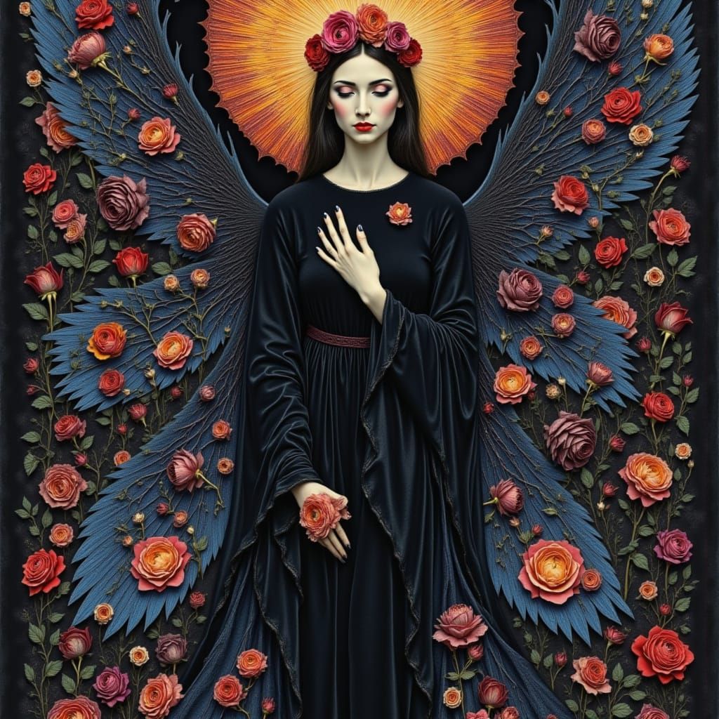 Madonna Surrounded by Roses in Dreamlike Etching Style