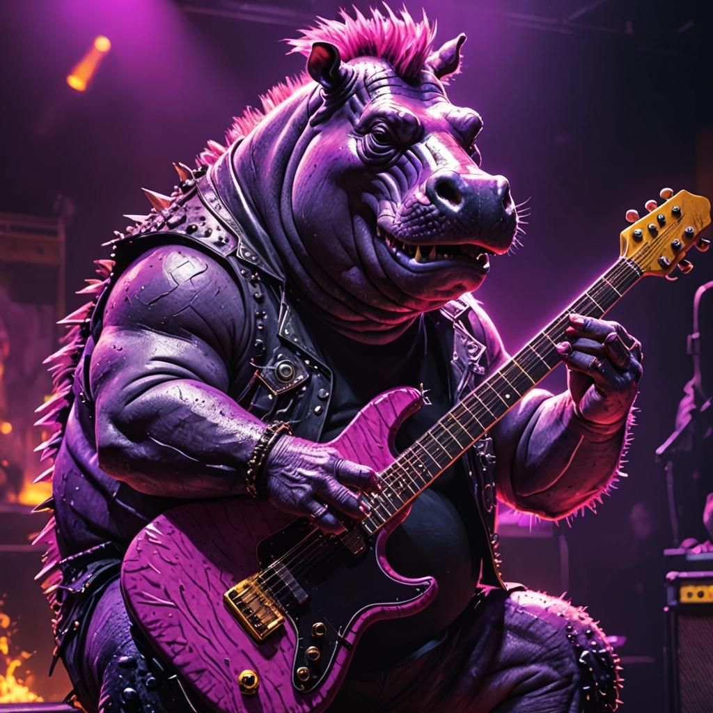 Hippo Punk Rocker on Stage in Cyberpunk Style
