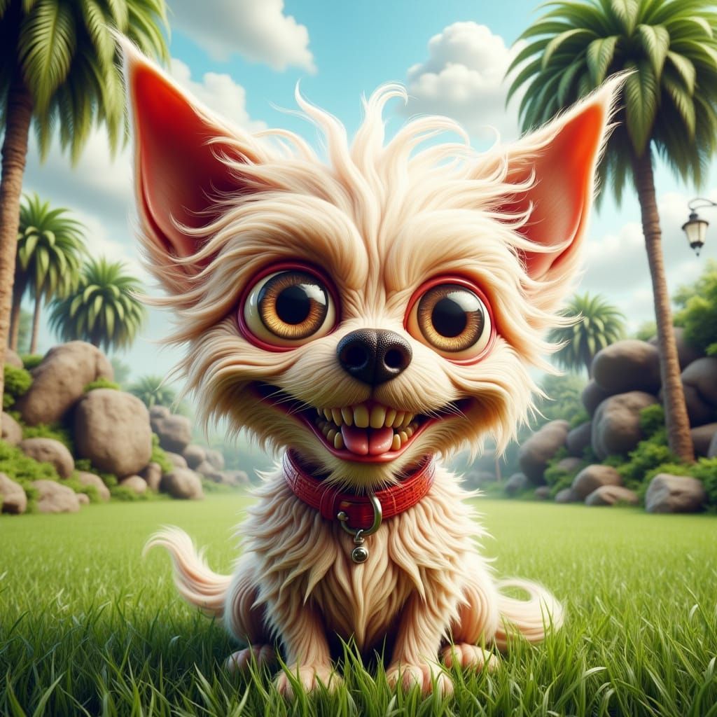 Whimsical Palm Ski Dog in Sunny Green Meadow