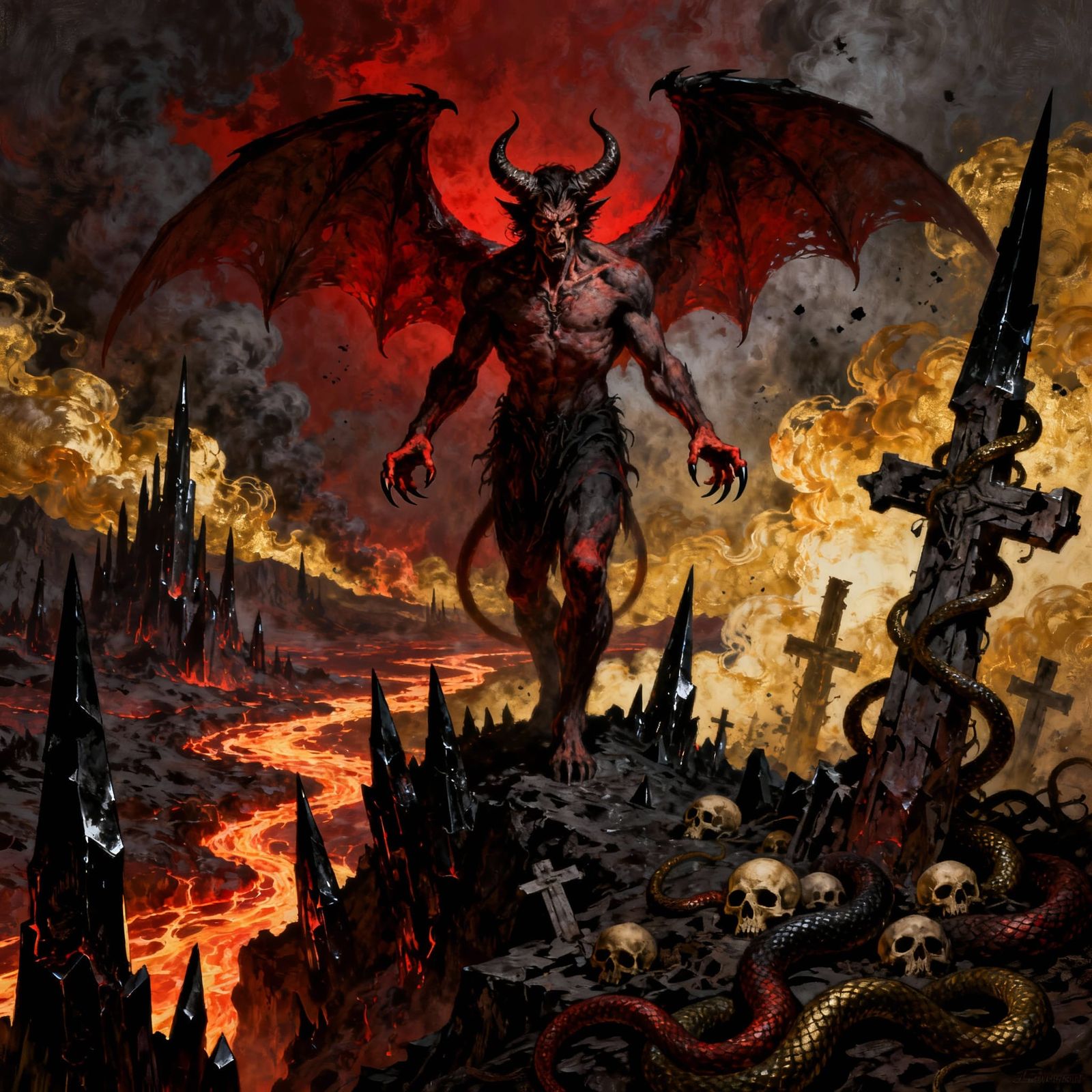 Sinister Satan in Hellish Landscape, Dark Horror Art