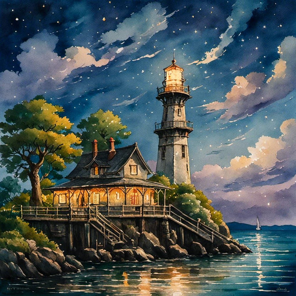 Lighthouse at Night in Dong Ho Folk Art Style