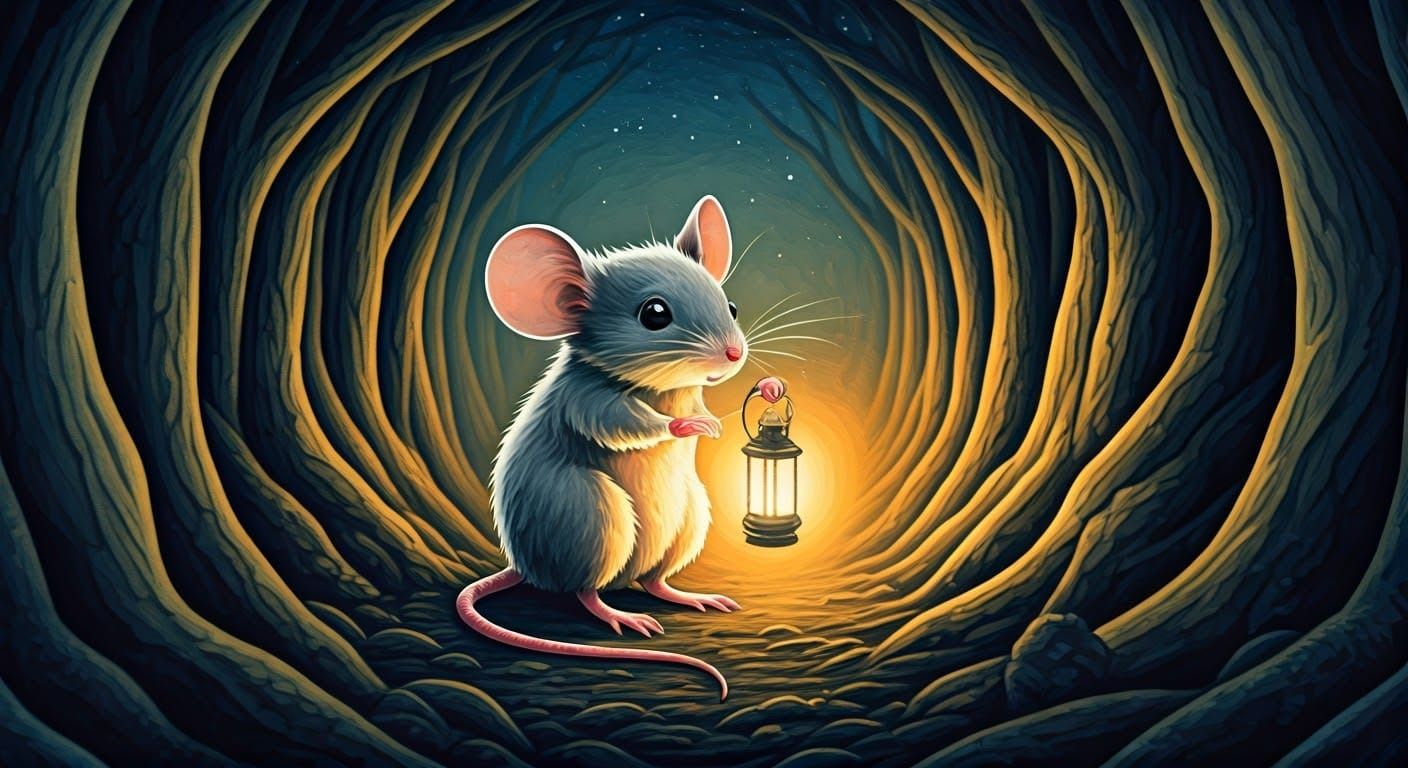 Mouse with Lantern in Forest, Watercolor and Charcoal Style