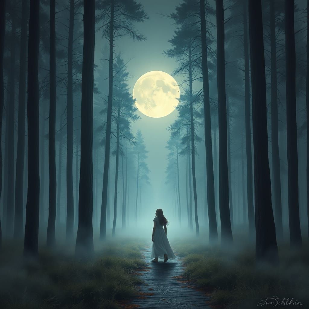Mystical Forest Walk Under Full Moon, Digital Painting Style