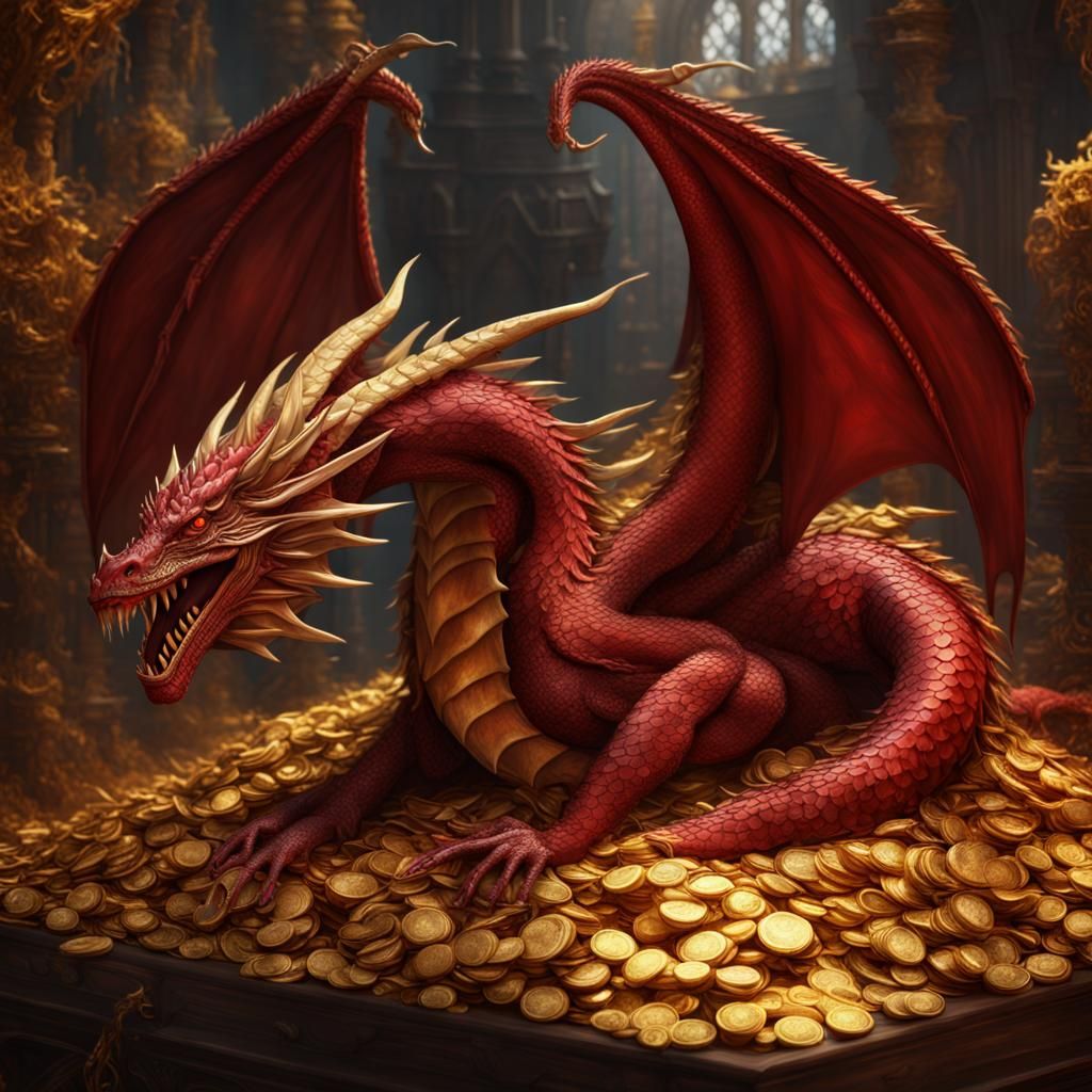 Red Dragon Asleep on Hoard: Fantasy Concept Art