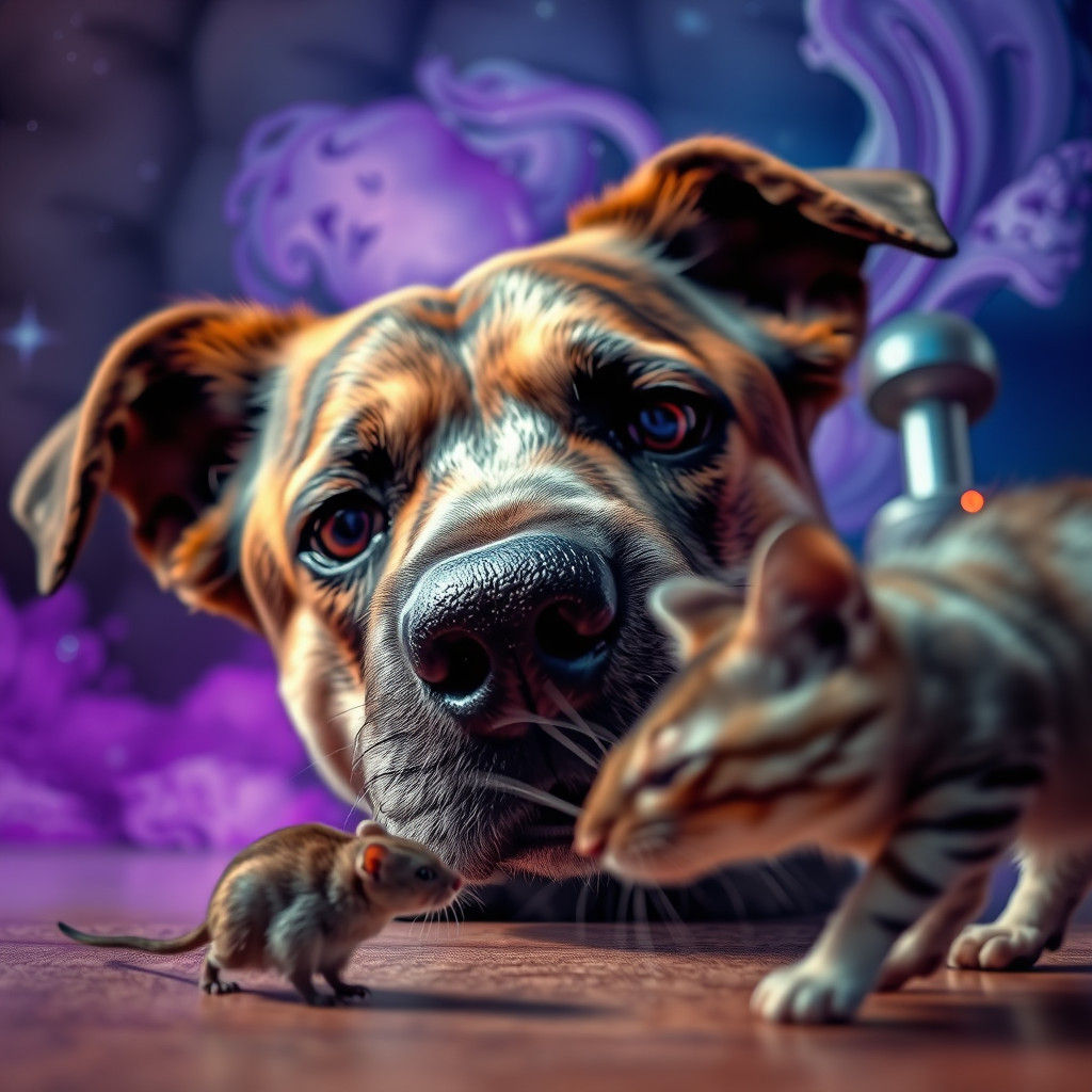 Hyper-Realistic Dog Watching Cats Fight, Cosmic Backdrop
