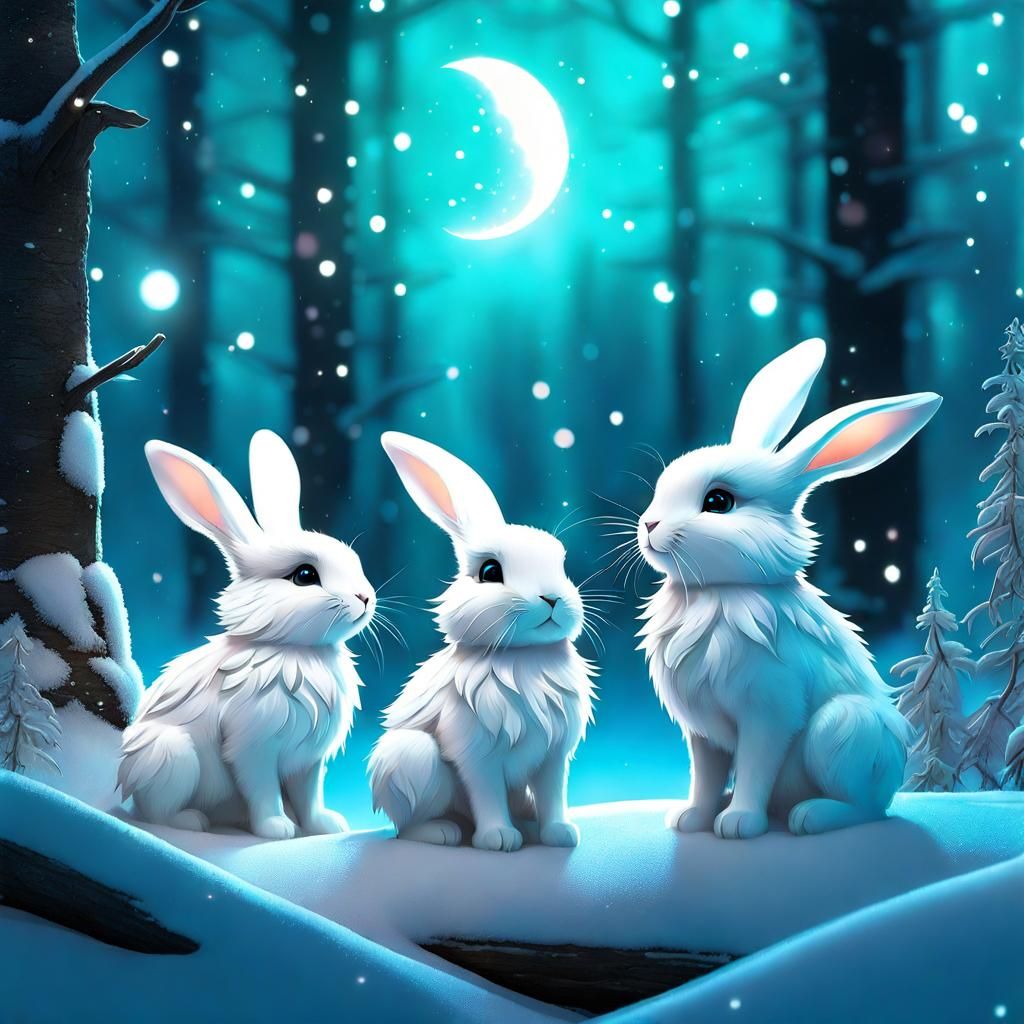 Chibi Snow Hares Constellation in Bioluminescent Forest