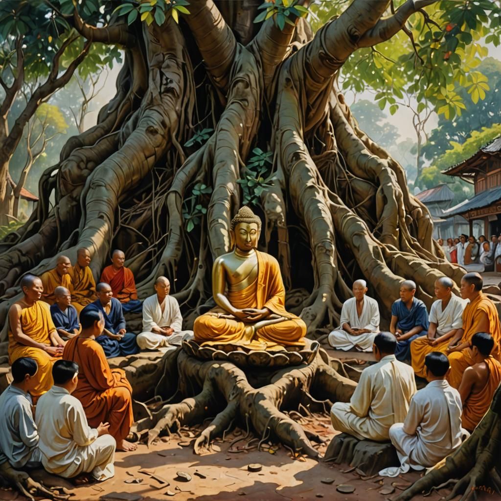 Buddha Preaching Among Fig Tree Roots: Oil Painting