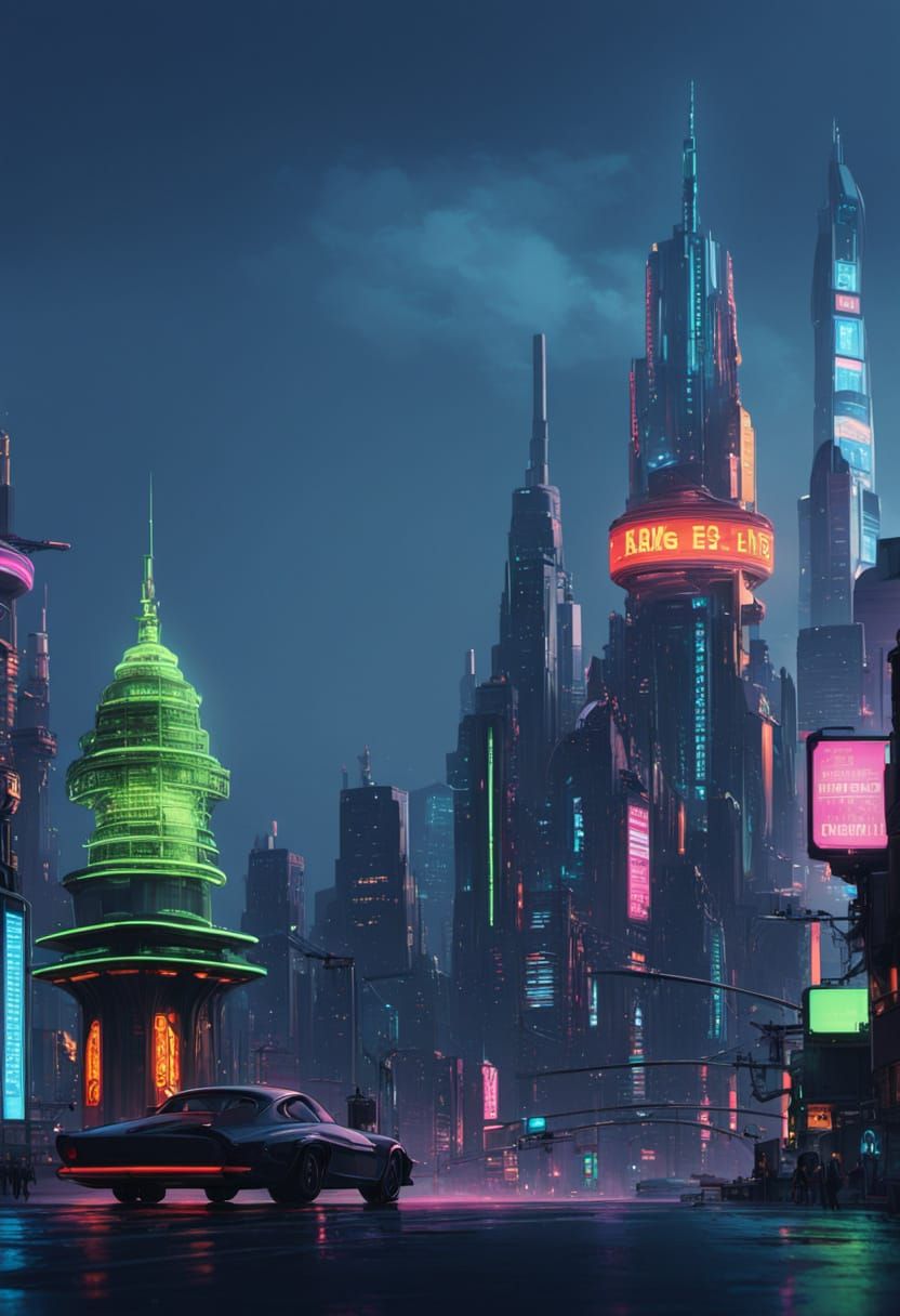 Cyberpunk Cityscape at Night with Neon Lights
