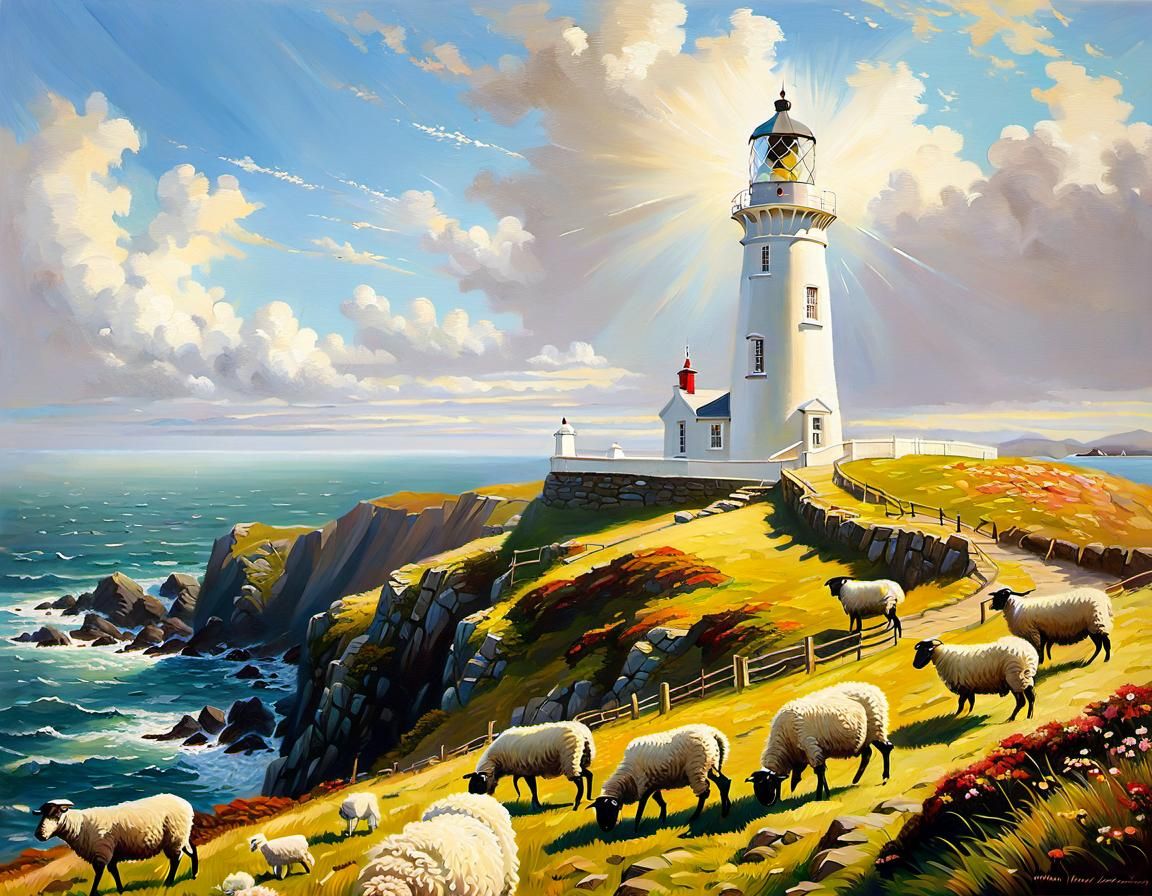 Twr Mawr Lighthouse, Wales: Romanticist Oil Painting