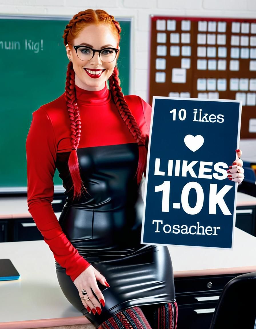 Woman in Red Latex Dress Holding 10K Likes Sign