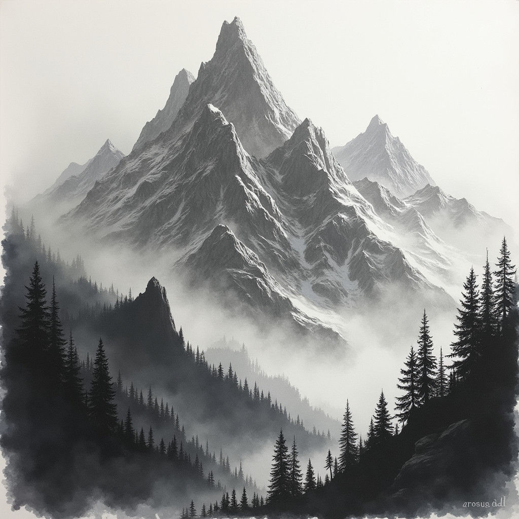 Grayscale Fantasy Mountain Range in Charcoal Watercolor Styl...