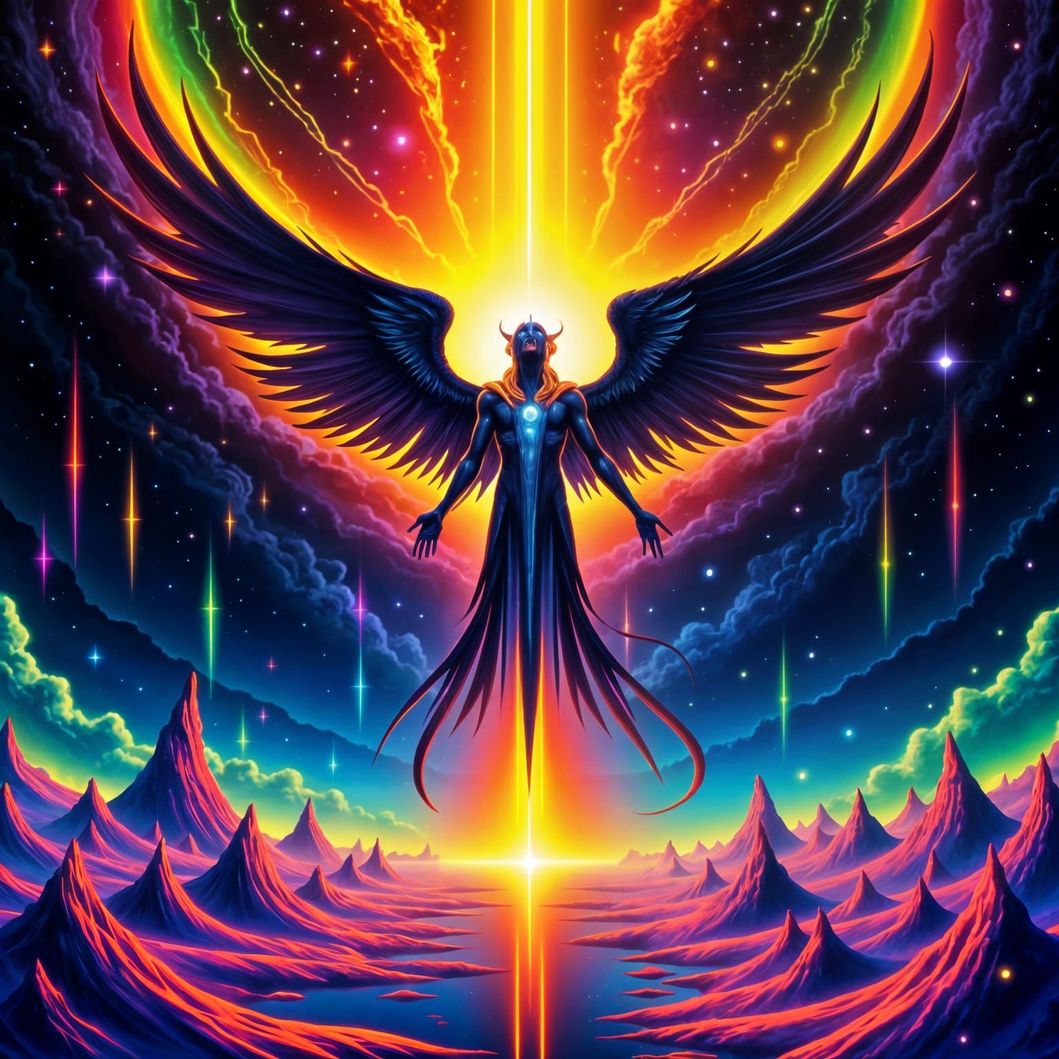 Ethereal Cyberpunk Demon Ascends to the Heavens