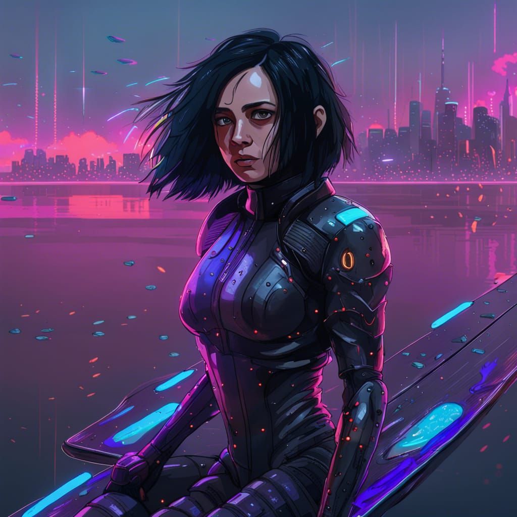 Alita on Board in Neon Cyberpunk Sea