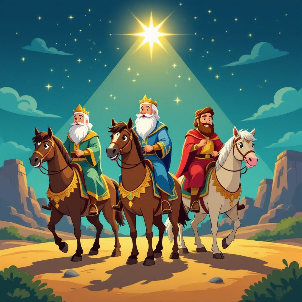 Three Wise Men Riding Distinct Animals in Cartoon Style
