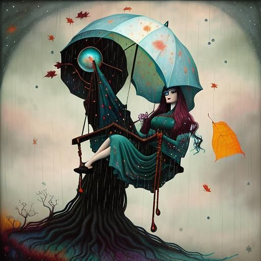 Girl on a Swing: Pop Surrealist Autumn Illustration