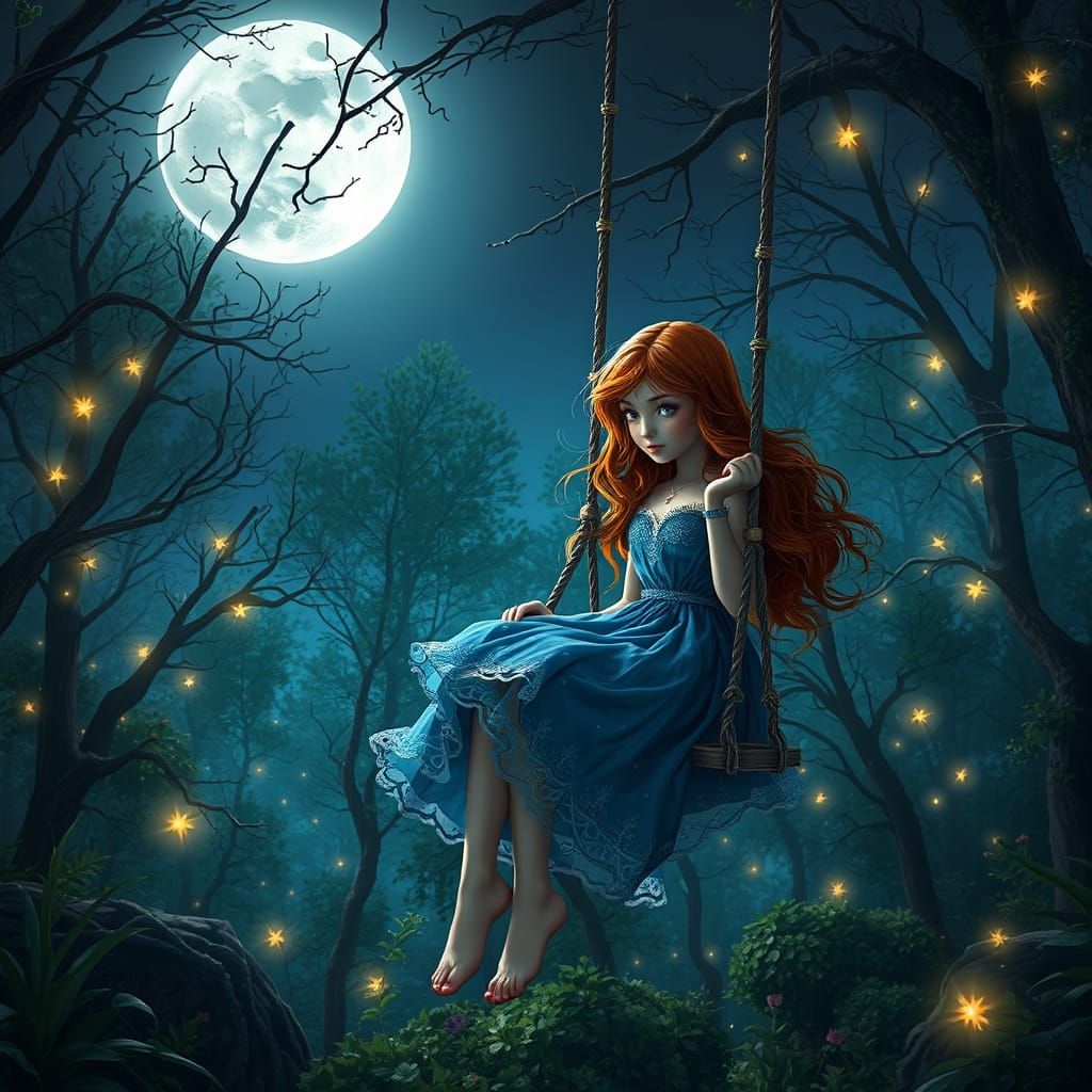 Dreamlike Midsummer Scene with Enchanted Girl and Fairy Ligh...