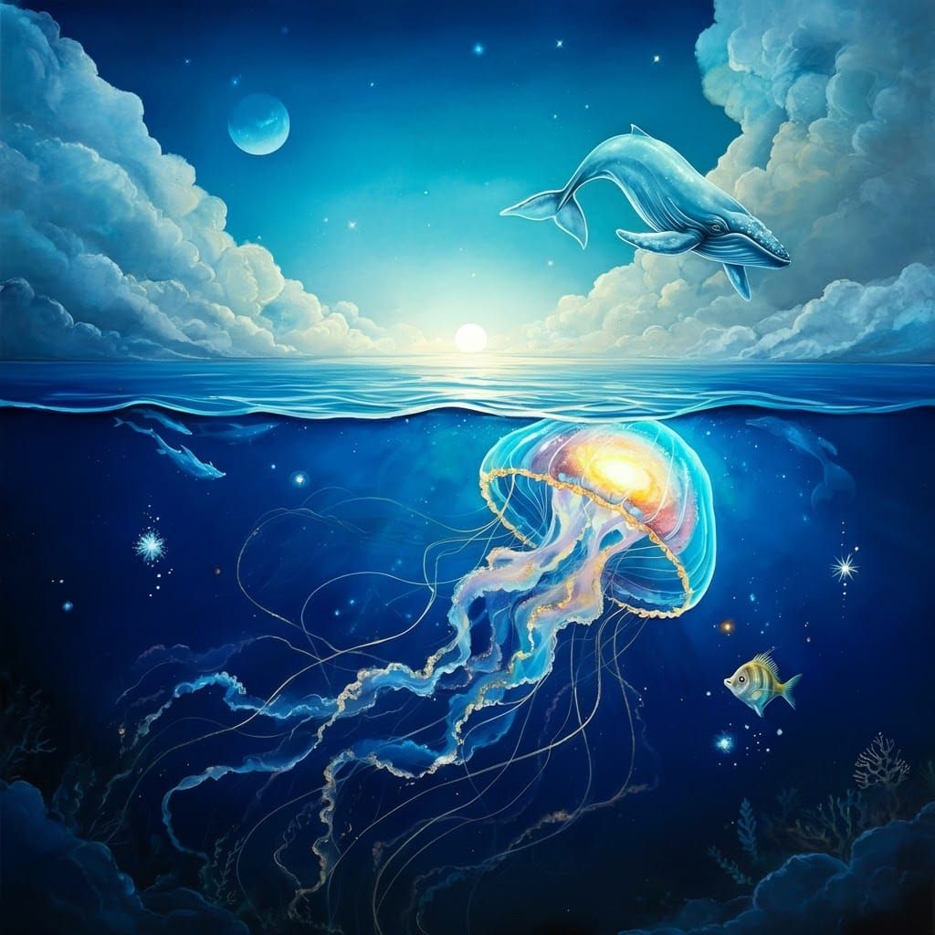Surreal Ocean Sky with Floating Stars and Whales