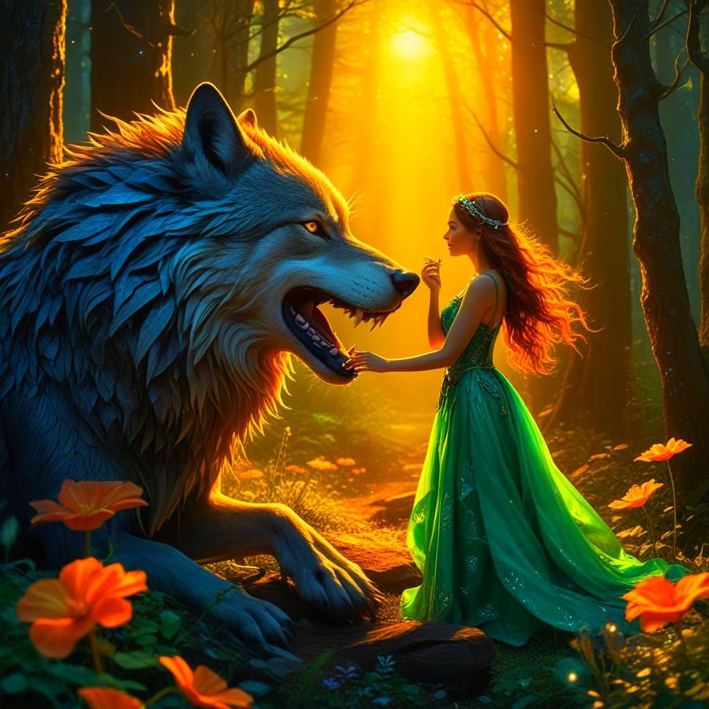 Enchanted Forest Encounter: Tiny Elf Kisses Majestic Wolf