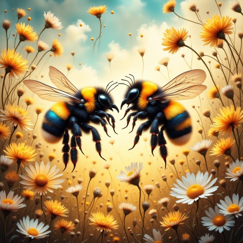 Bumble Bees Waltzing in Wildflower Field