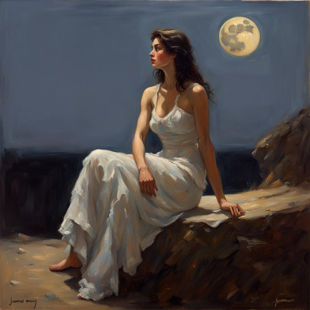 Demure Woman on the Moon as Oil Painting
