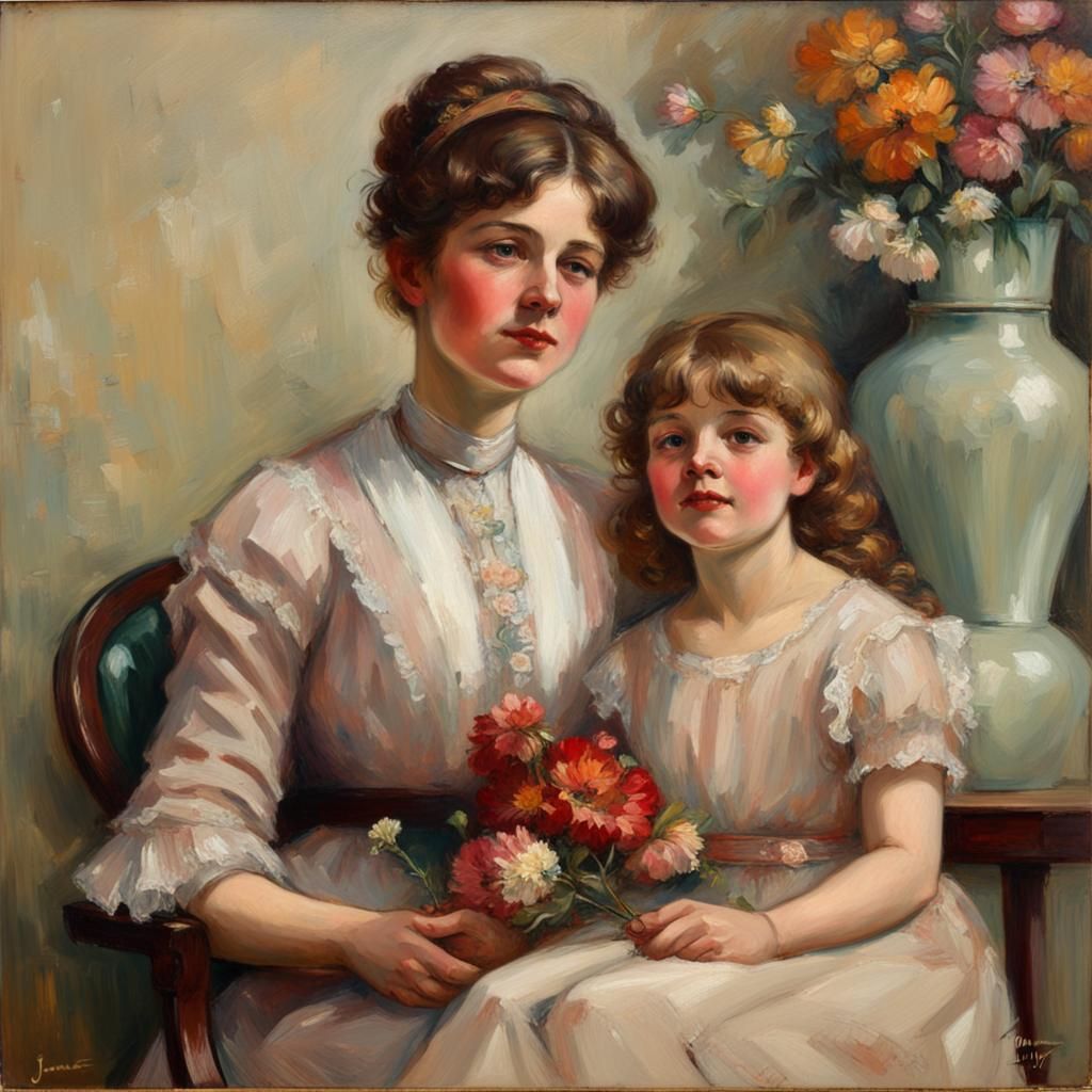 Edwardian Mother and Daughter in Oil Painting Style