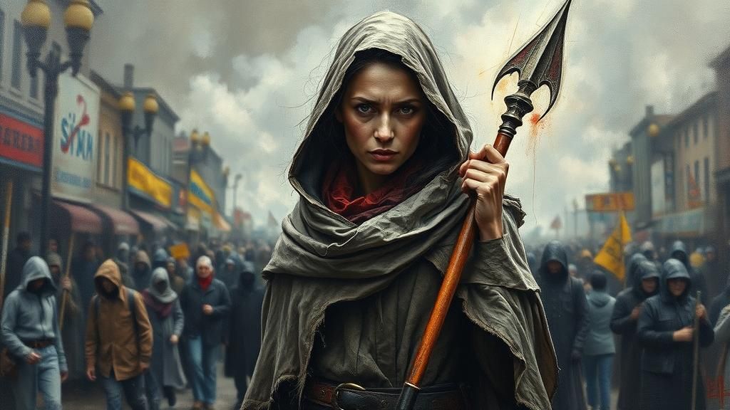 Fierce Woman in Lawless Crowd: Surreal Oil Painting