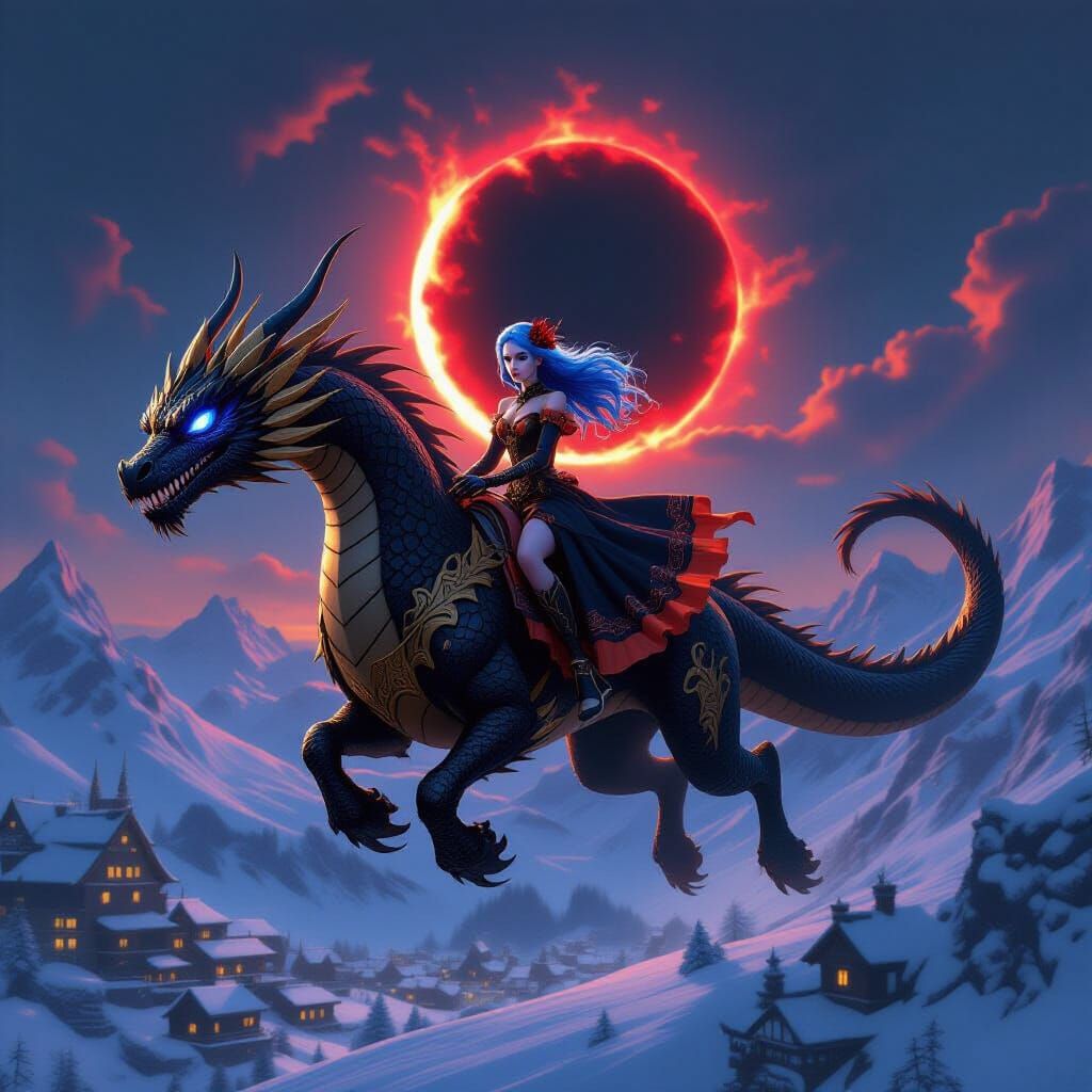 Dragon Rider in Crimson Eclipse Above Snowy Village