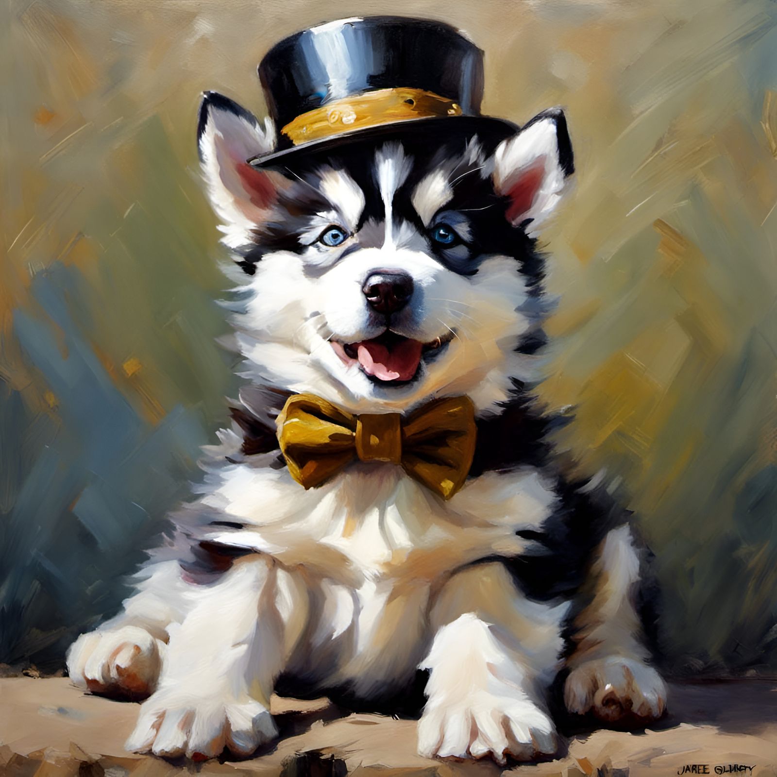 Husky Pup in Top Hat: Oil Painting