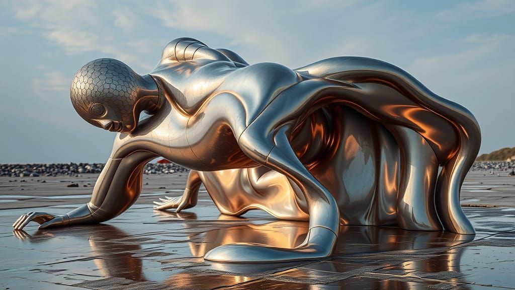 Surrealistic Melting Metallic Form in Ethereal Glow