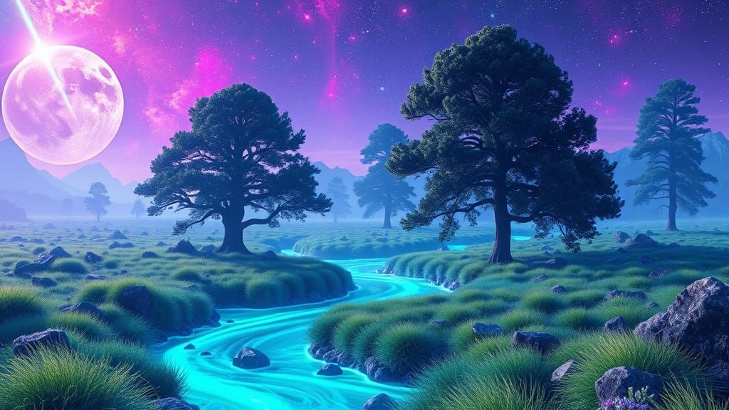 Surreal Landscape with Neon Rivers in 8K