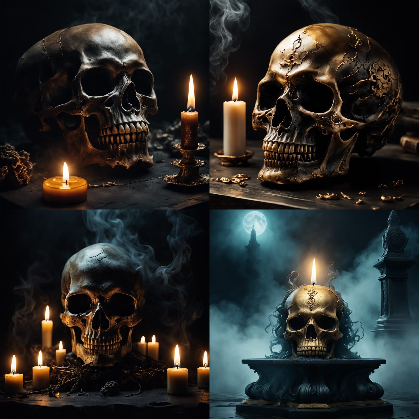 Smoky Horror Scene with Golden Skull on Black Background