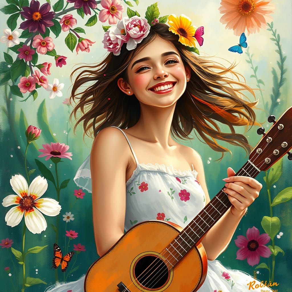 Whimsical Joyful Girl in a Vibrant Floral Paradise