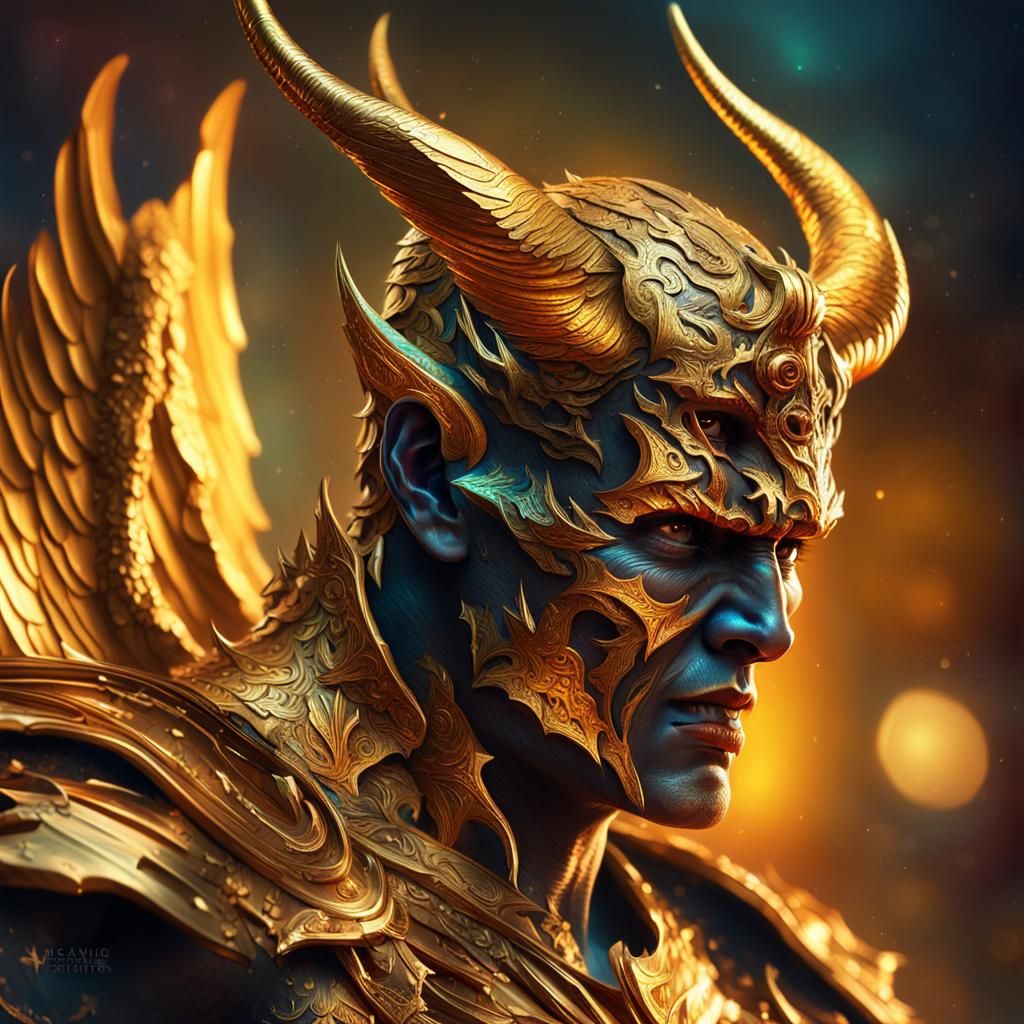 Devil Warrior with Golden Wings in Hyperrealistic Style