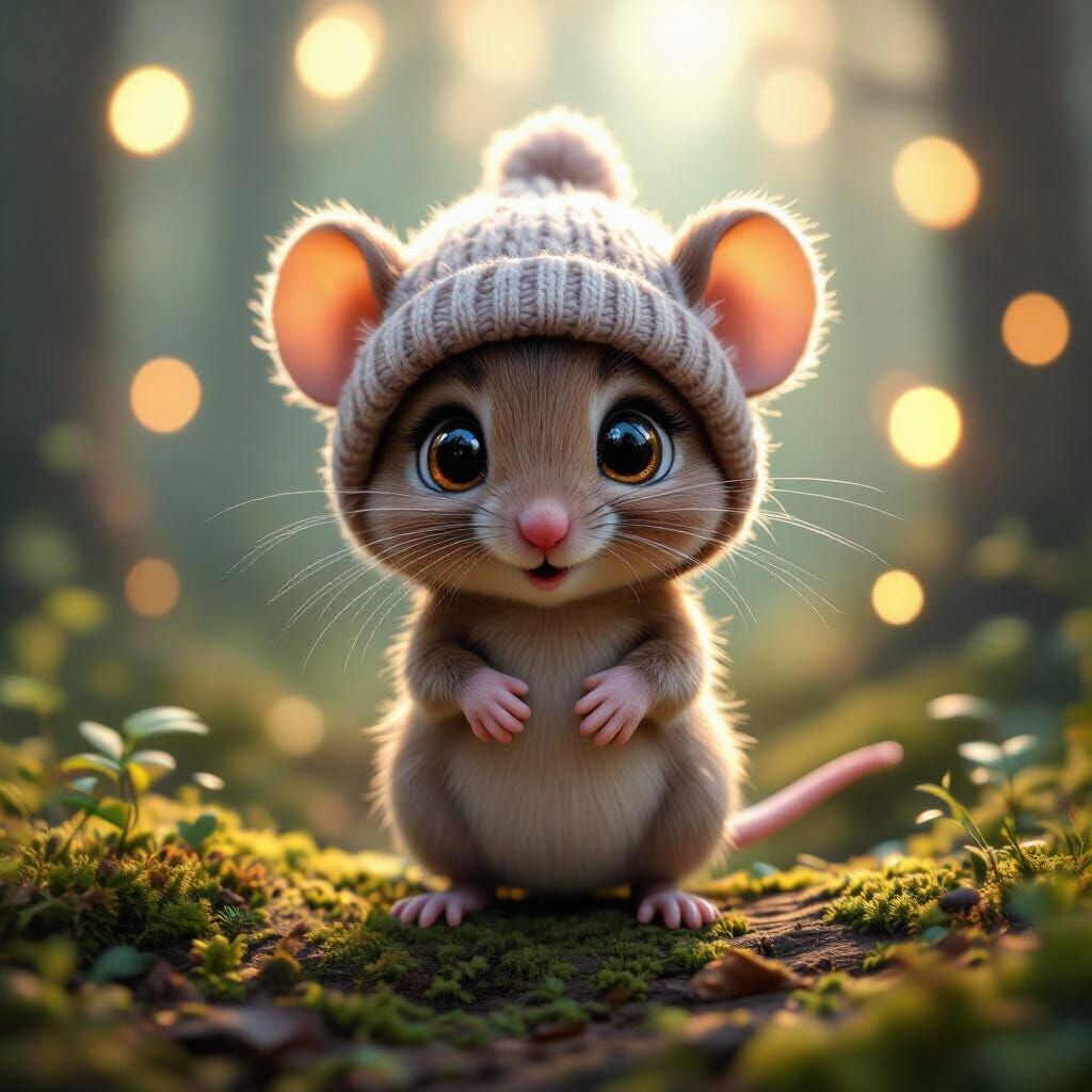 Adorable Mouse in Knitted Hat in Magical Forest
