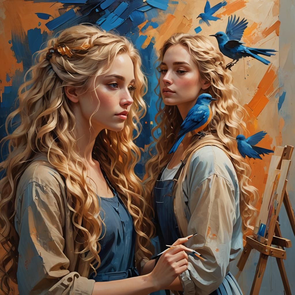 Girl Painting a Blue Bird: Digital Concept Art